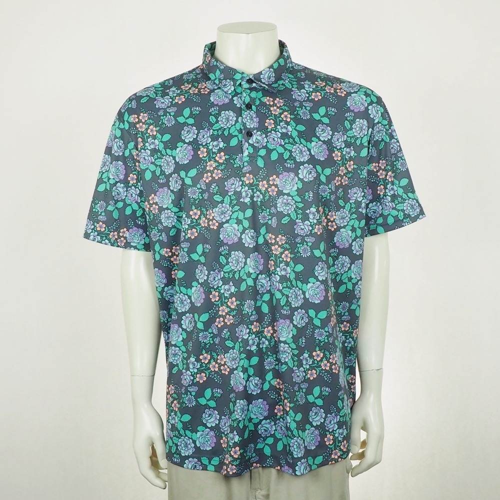 Swannies Golf Polo Shirt Mens XL Gray Chase Floral AOP Performance Tech Blend